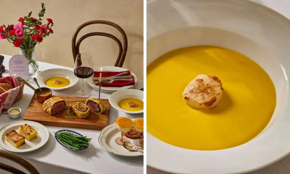 beef wellington and scallop in a saffron soup