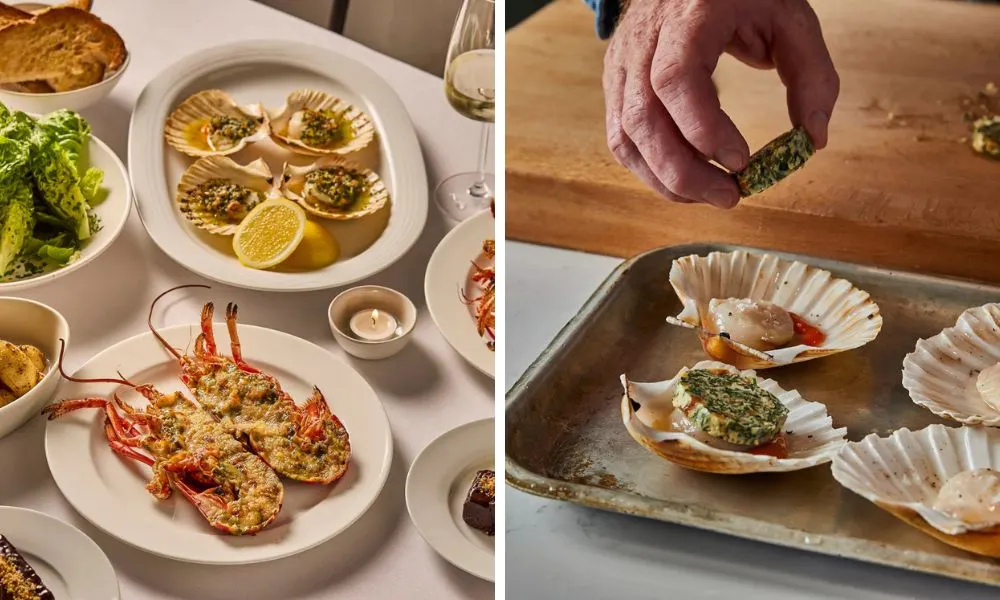cheesy lobster and scallops with herb butter