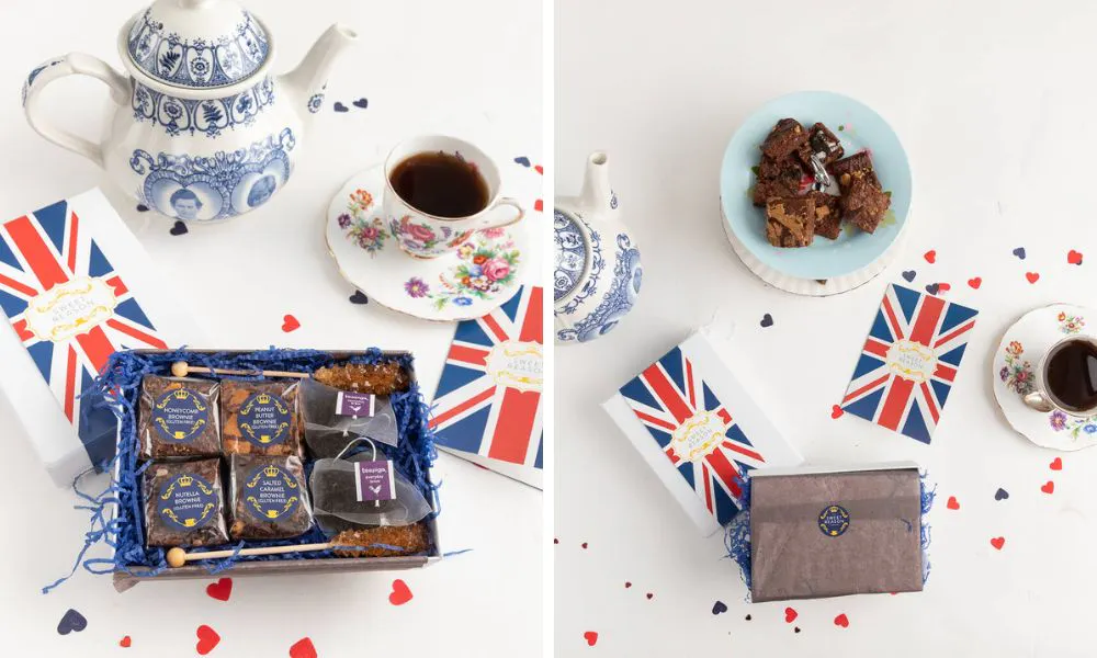 blue and white china teapot with a box of brownies