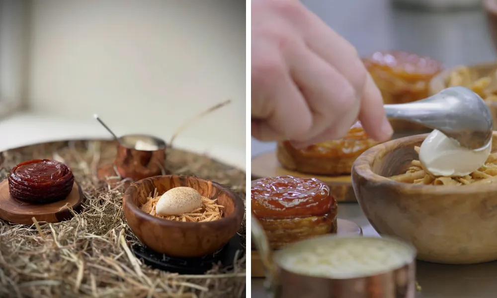 Apple tart tatin with bowl of shavings and ice cream