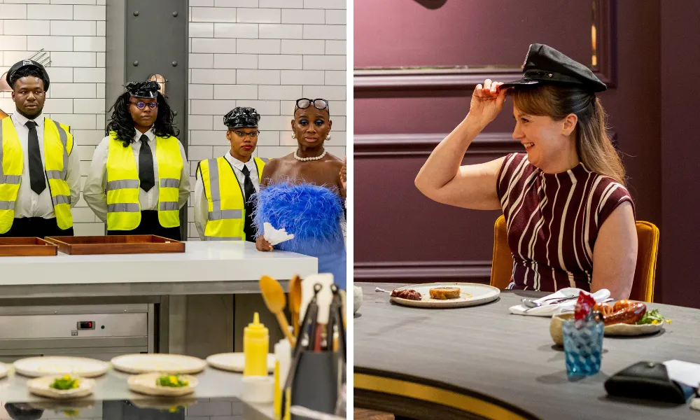 waiters in high vis wearing pleather caps