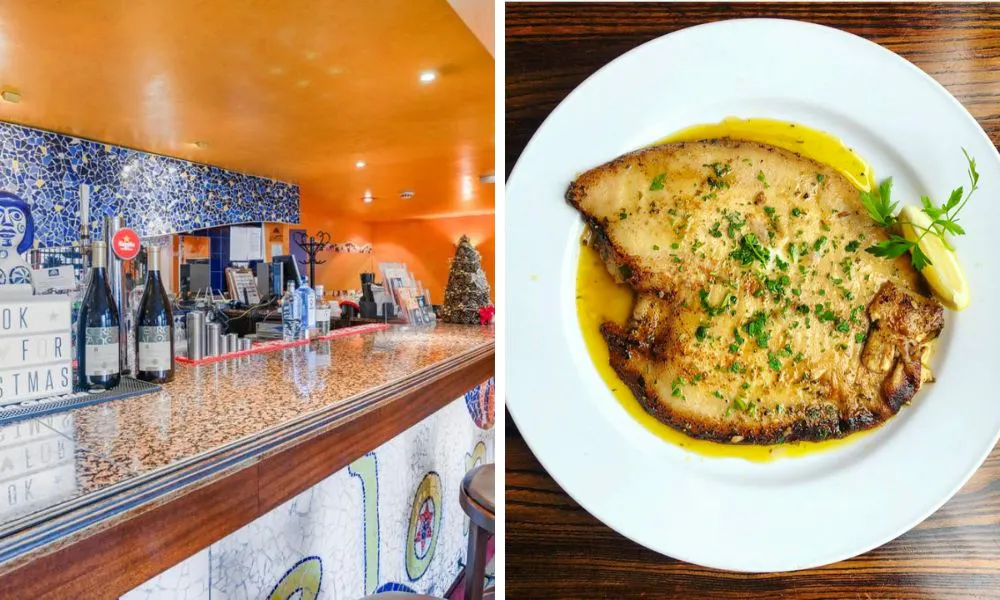 Bar with mosiac tiles and plate of fish with butter sauce