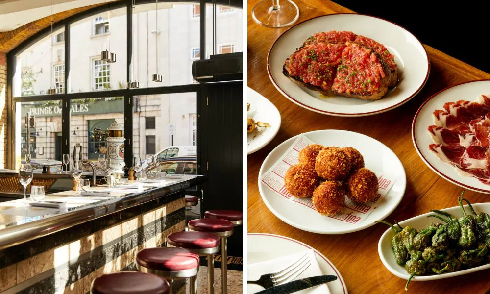 High stools at open bar and array of tapas