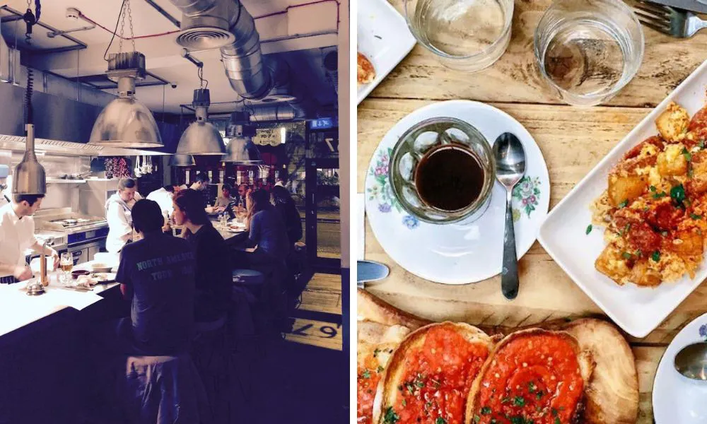 Guests dining on high stools and pan con tomate