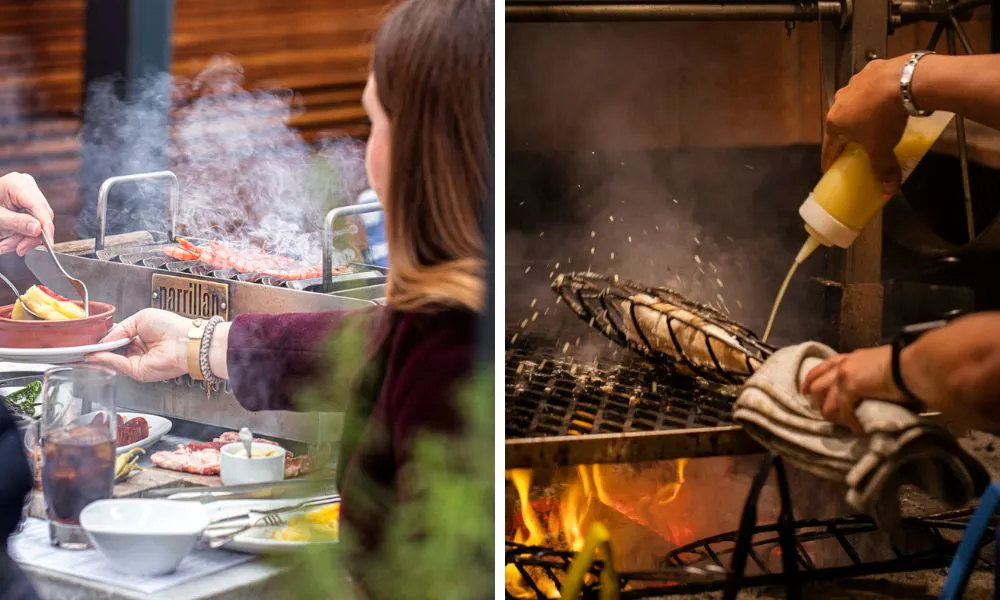 Guests barbecuing meat and chef spraying fish with sauce