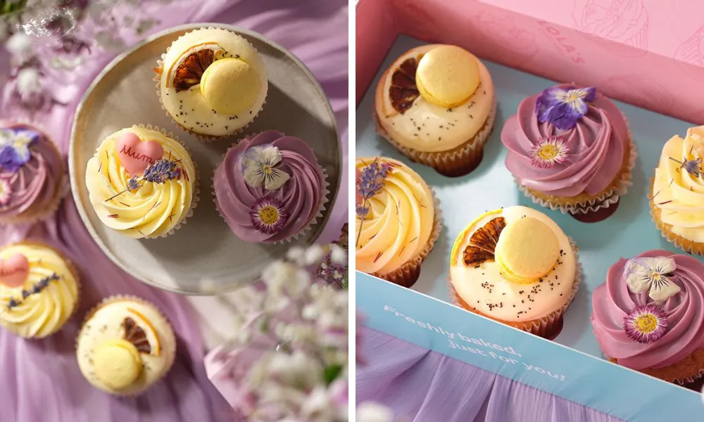 yellow and purple frosted cupcakes with flowers