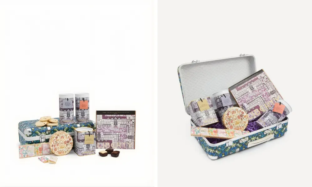 Liberty print suitcase gift filled with chocoalte 