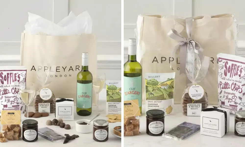 Unpacked tote bag hamper with bottle of Sauv Blanc