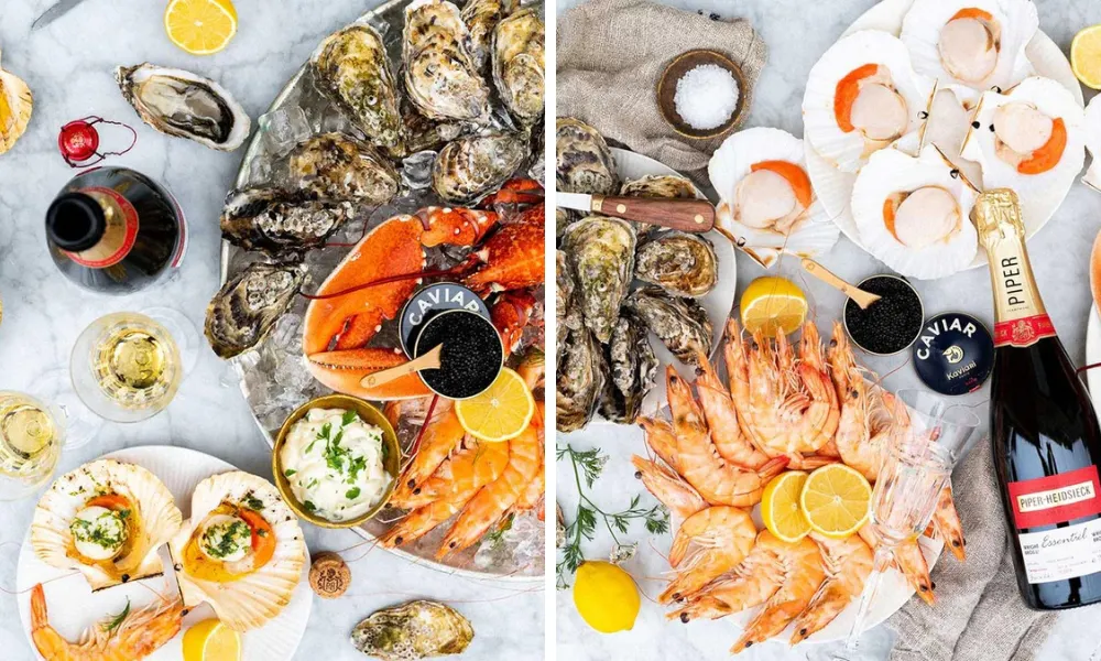luxury seafood including caviar, oysters, lobster