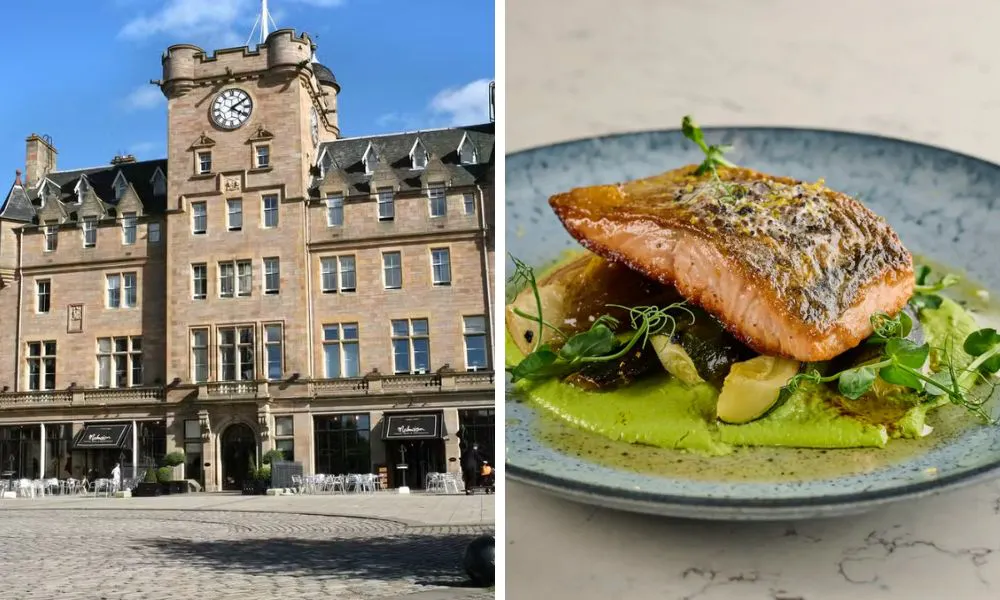 exterior shot of chez mal in edinburgh and salmon with vegetable puree