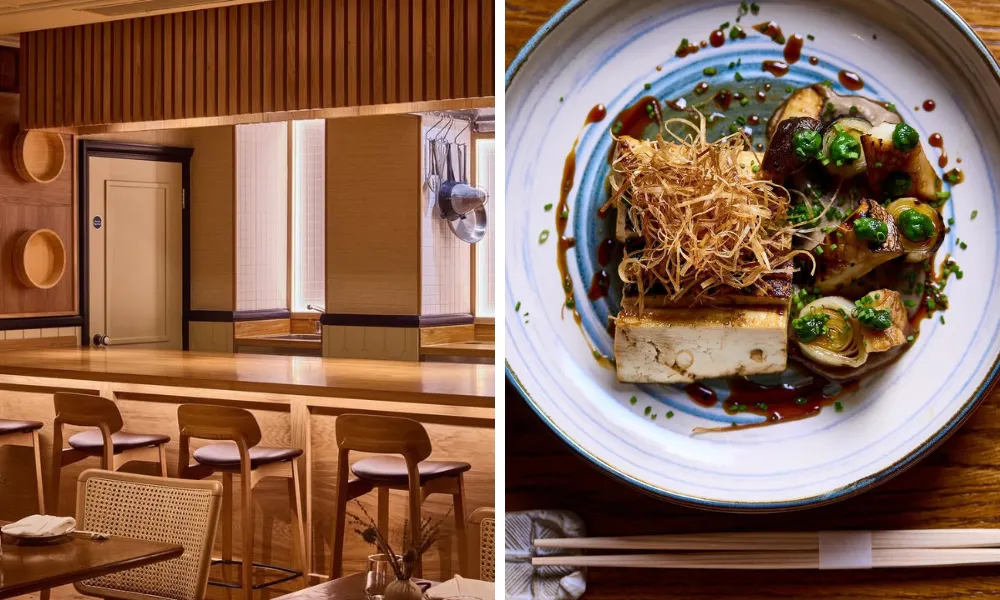 light wood restaurant interiors and dish with chopsticks