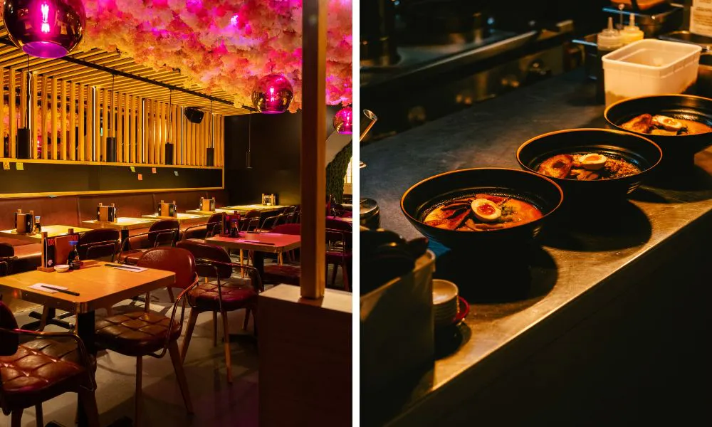 japanese restaurant with floral ceiling and bowls of ramen on kitchen pass