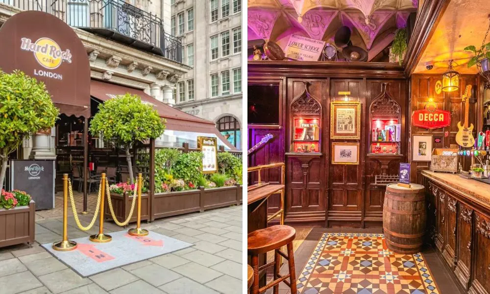 outside of hard rock cafe in mayfair and inside bar