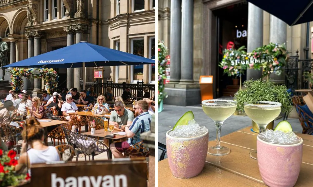 busy square terrace with cocktails
