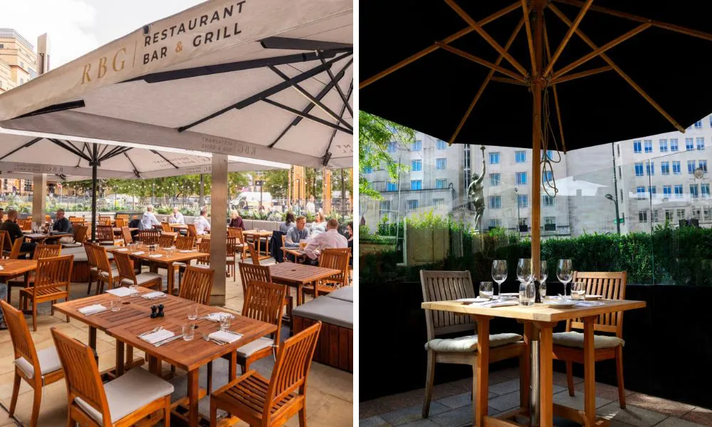 terrace area with umbrellas and wood furniture
