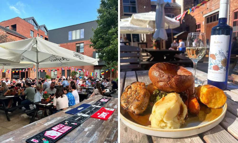 busy pub courtyard with roast dinner and white wine