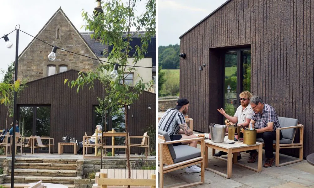 garden terrace restaurant with light wood furniture