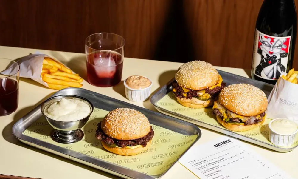 wagyu burgers with fries and pet nat
