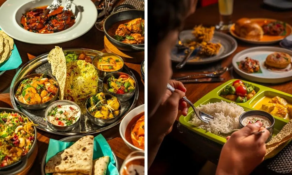 tray with rice curry and veggies