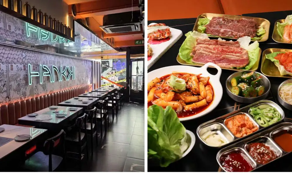 Image of a restaurant with booth seating and neon lighting, and a selection of Korean dishes