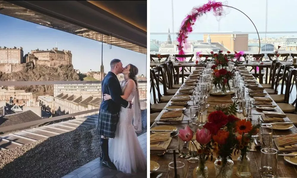 couple kissing against backdrop of city and wedding banquet tables with pink flowers