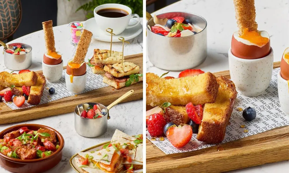 dippy eggs with brioche sandwiches and black coffee