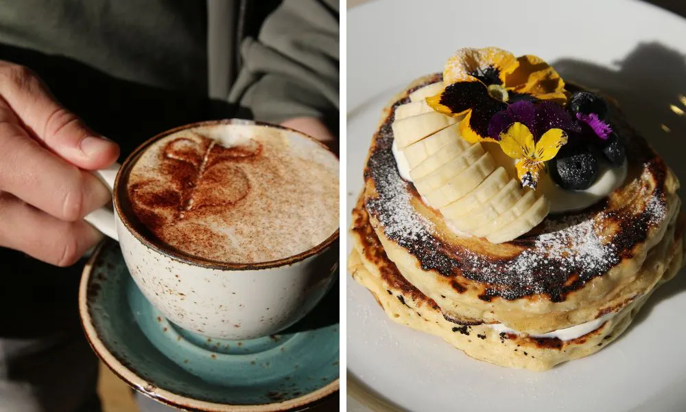 cup of cappuccino and stack of pancakes with banana