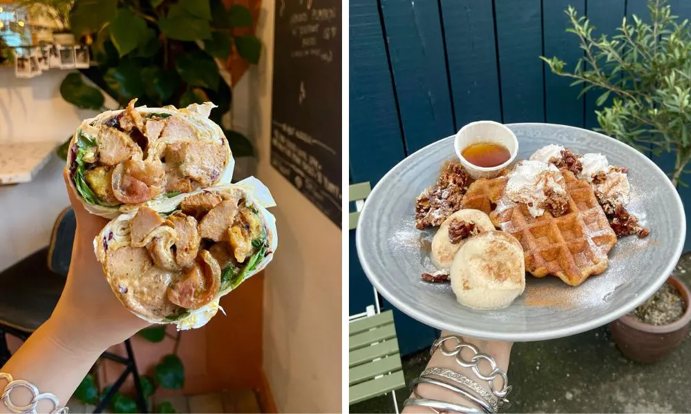 chicken and tomato wrap and maple pecan waffles