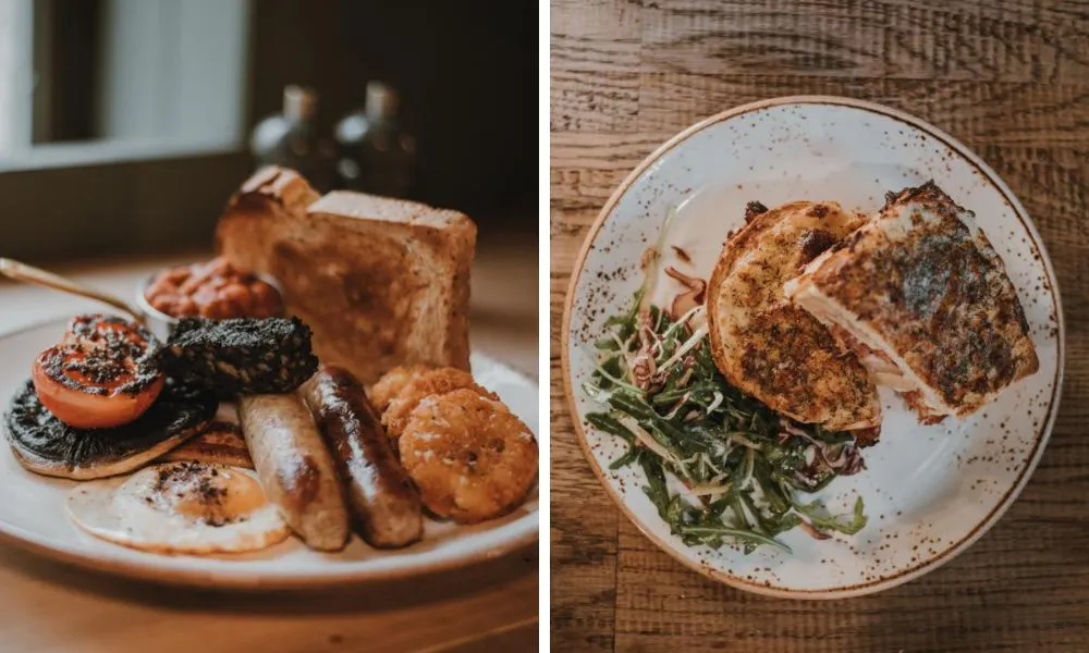 full english breakfast and toasted sandwich with slaw salad