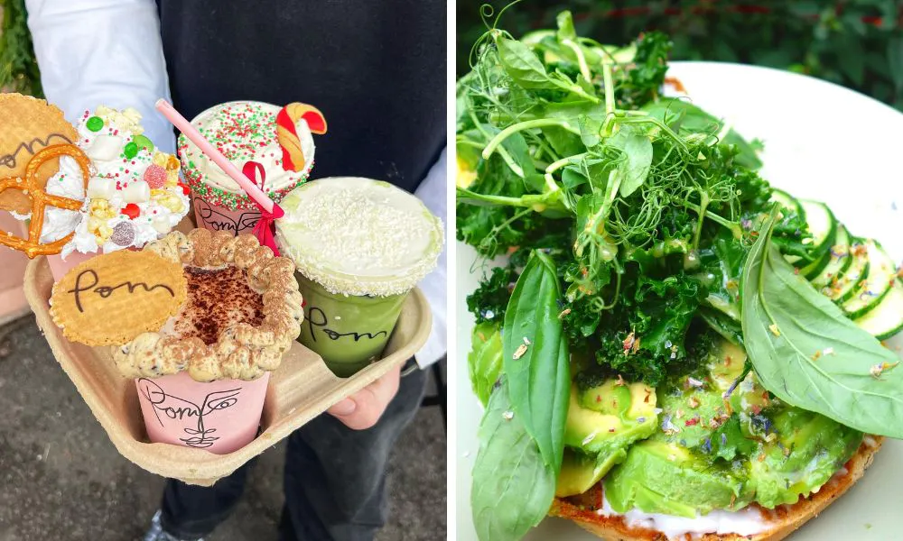 tray of iced coffee and matcha and green goddess bagel
