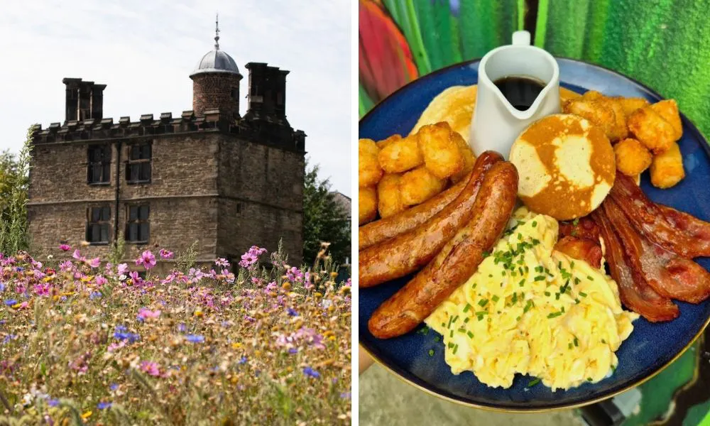 manor house in floral garden and full english cooked breakfast