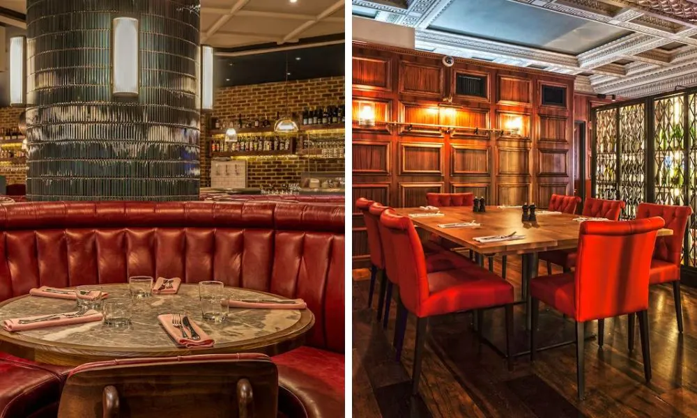 red booth in restaurant and private dining table with red chairs