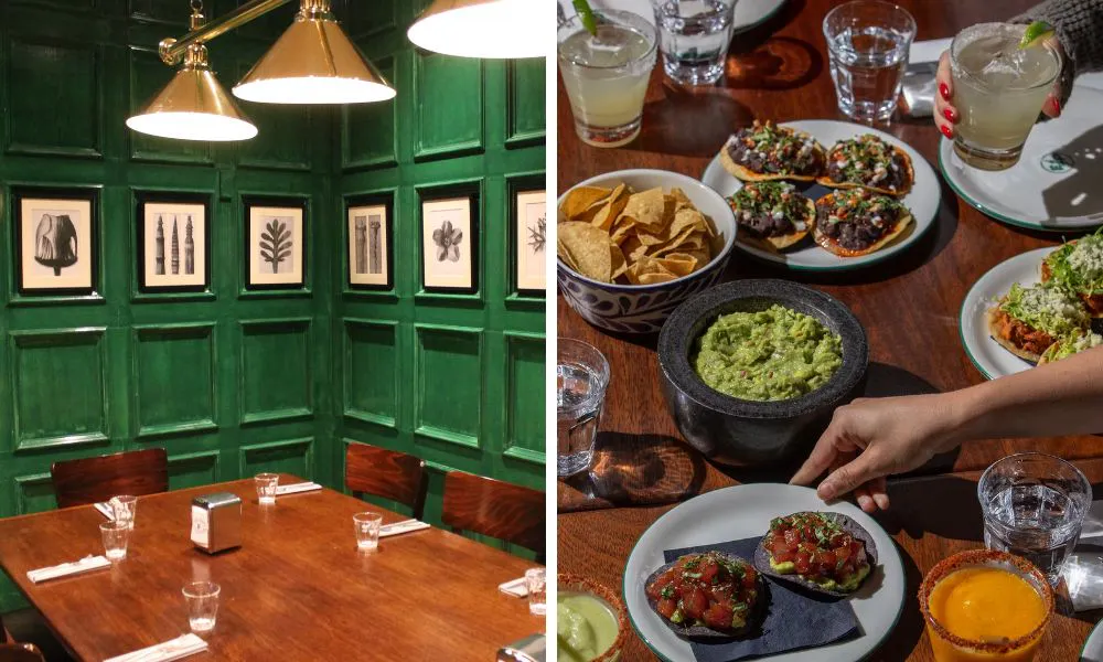 bright green private dining room and table with sharing plates