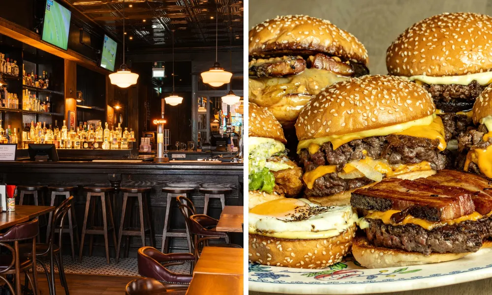 pile of burgers and image of saloonn bar 