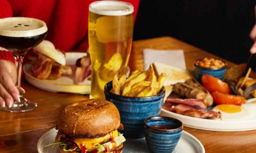 Burgers and a fry up with an espresso martini and a pint 