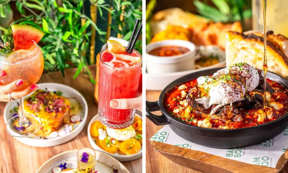 Colourful and fruity cocktails with small brunch plates (left), shakshuka with poached egg (right)