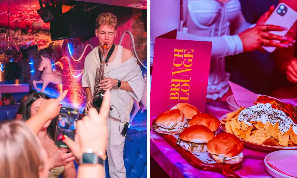 A guy playing a saxophone on a table, and a brunch menu with sliders