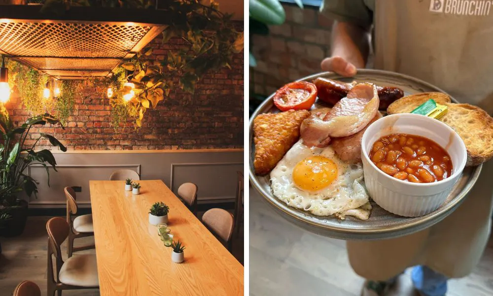 A neutral dining room with hanging plants and exposed brick walls, and a full english on a plate