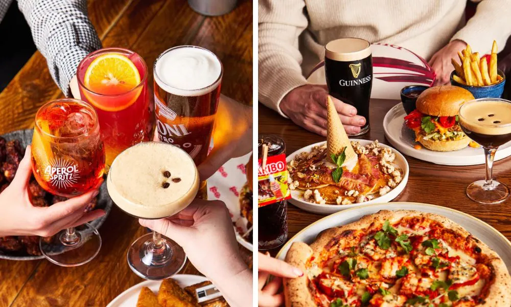 Cocktails, beers and Guiness cheering, and a selection of pizzas, pancakes and burgers on a table