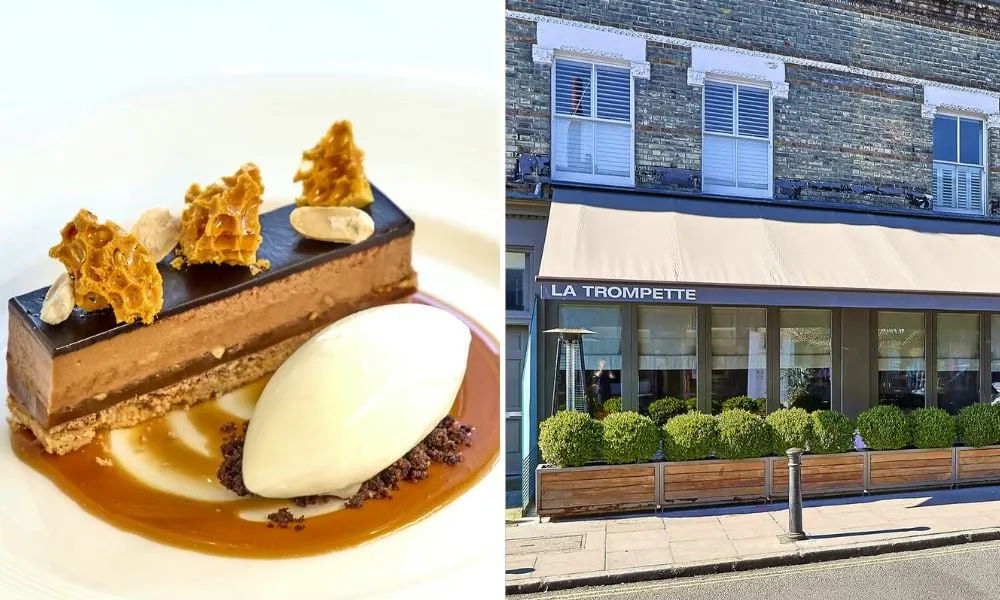 Chocolate desserts and restaurant exterior