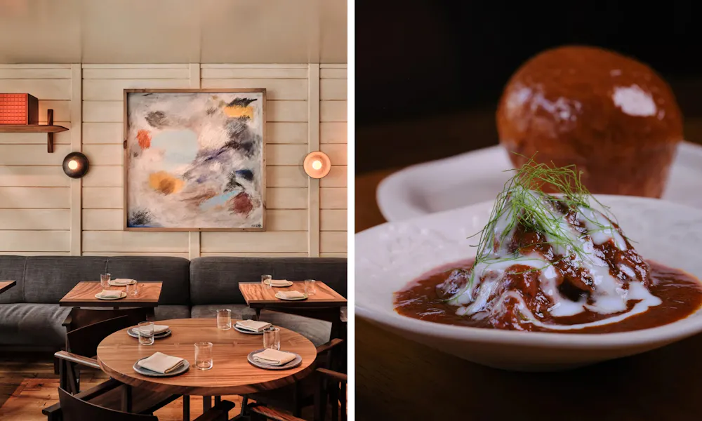 An exciting flavour-packed dish at Anglothai, served on a blue plate