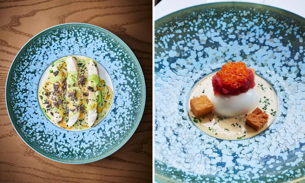 Pavyllon dishes on blue plate