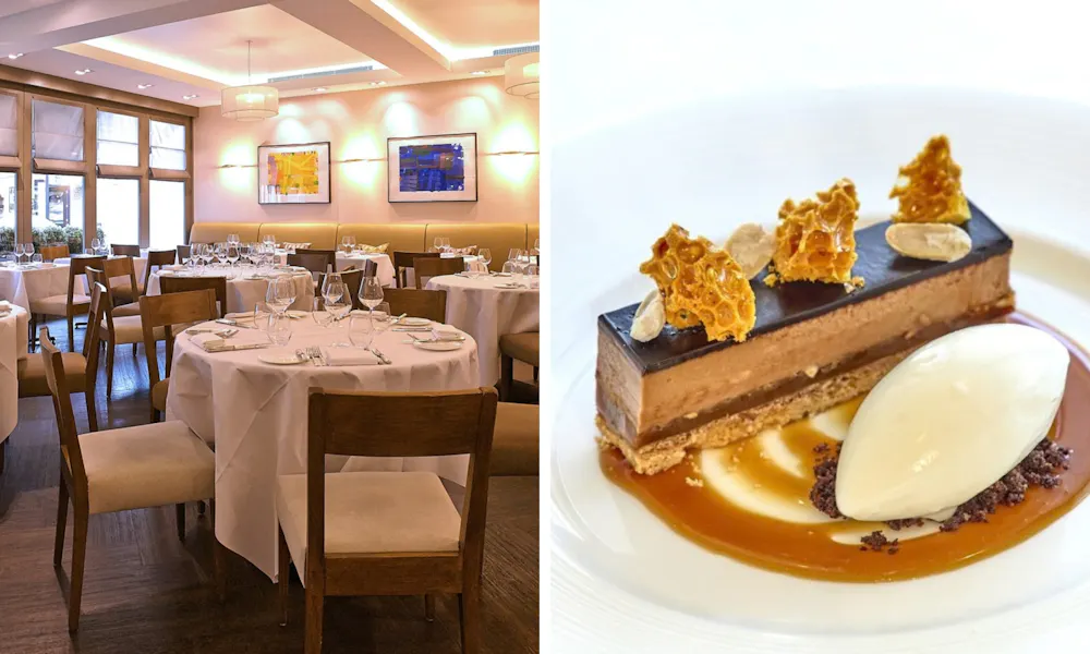Chocolate desserts and restaurant exterior