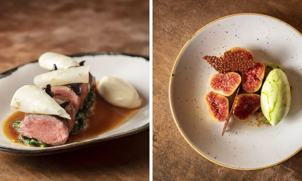 sliced meet with gravy and white sauce, and bowl of figs