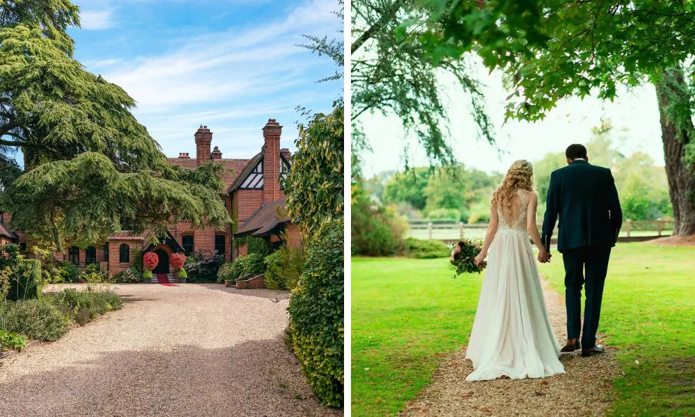 country house wedding venue and a bride and groom walking hand in hand