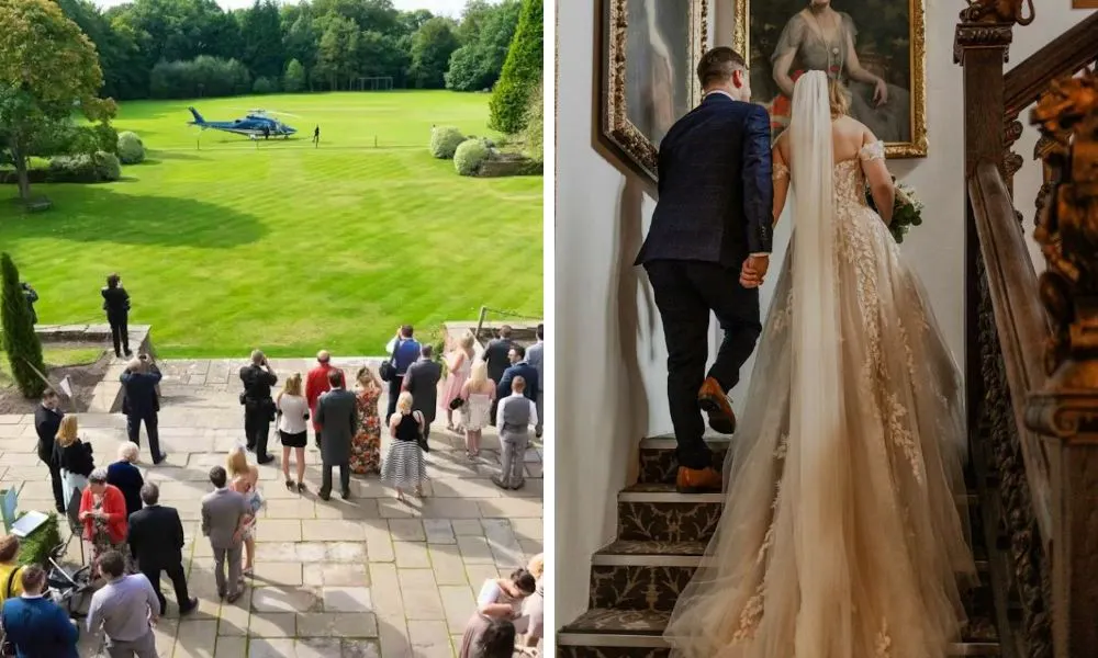 wedding guests in garden and couple walking up stairs