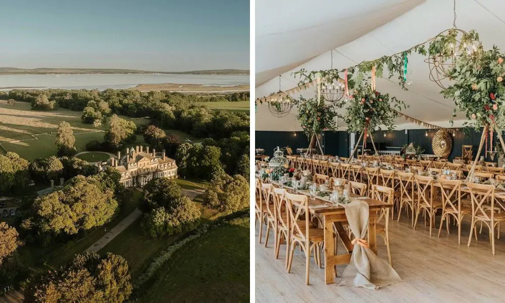 wedding venue in the countryside and long banquet tables in marquee