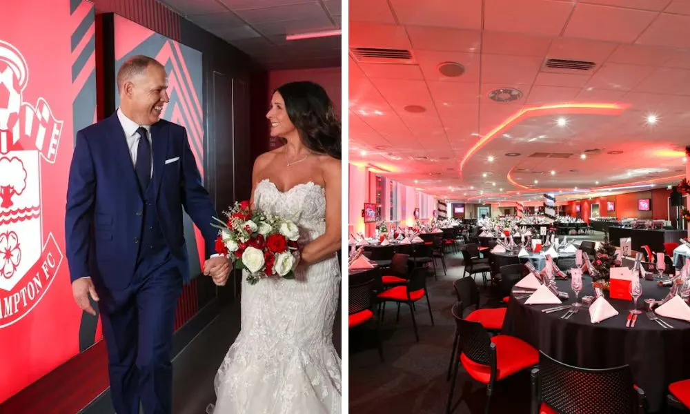 couple getting married in football stadium and red dining room