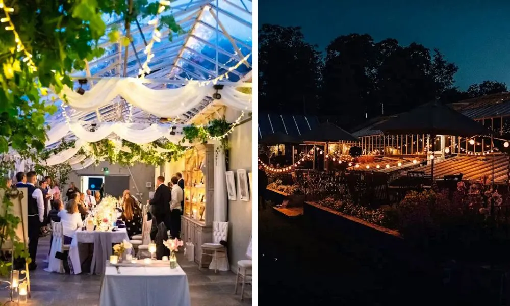 wedding party in conservatory and outdoor area with fairy lights