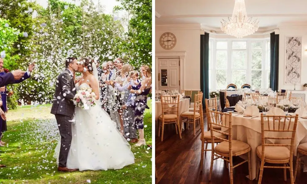 couple being showered with flower petals and wedding breakfast tables